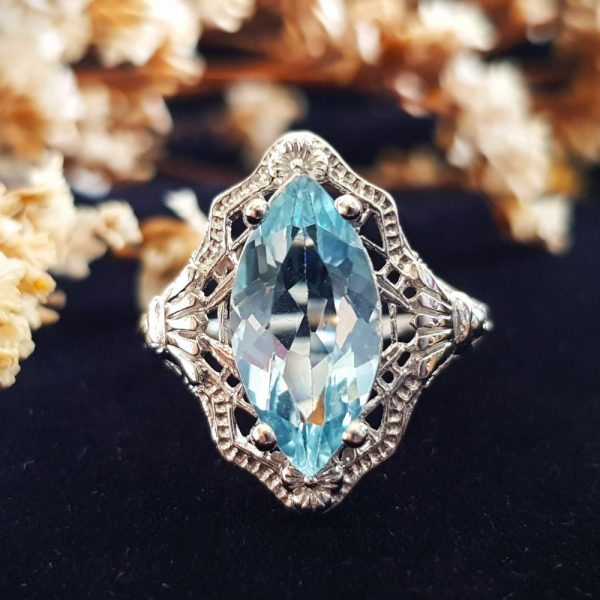 Marquise Cut 3.70ct Blue Topaz Filigree Dress Ring