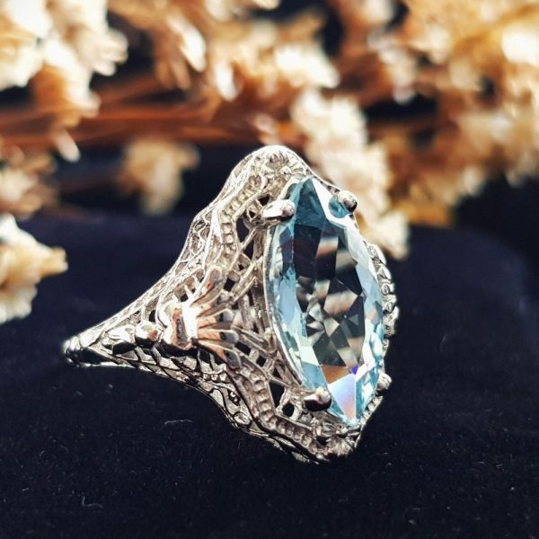 Marquise Cut 3.70ct Blue Topaz Filigree Dress Ring