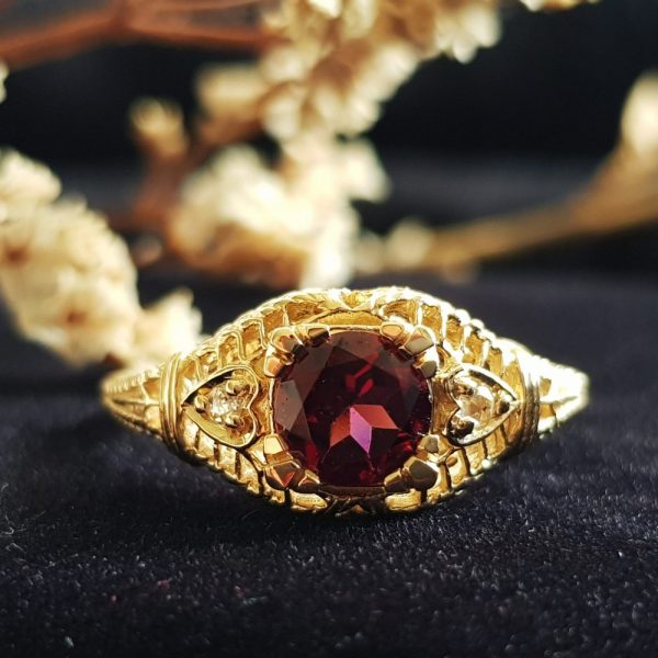 1.10ct Rhodolite Garnet and Diamond Yellow Gold Filigree Ring