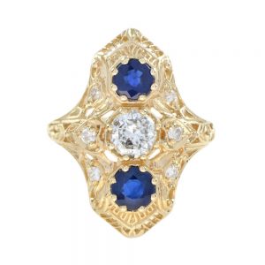 Antique Style Old Cut Diamond and Sapphire Three Stone Plaque Ring