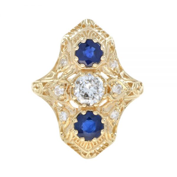 Antique Style Old Cut Diamond and Sapphire Three Stone Plaque Ring