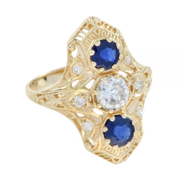 Antique Style Old Cut Diamond and Sapphire Three Stone Plaque Ring