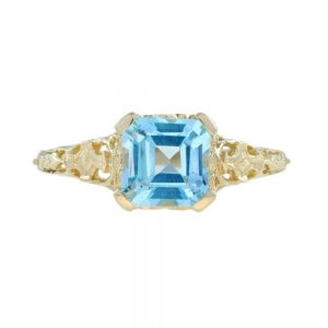 2.7ct Octagonal Cut Blue Topaz and Yellow Gold Filigree Ring