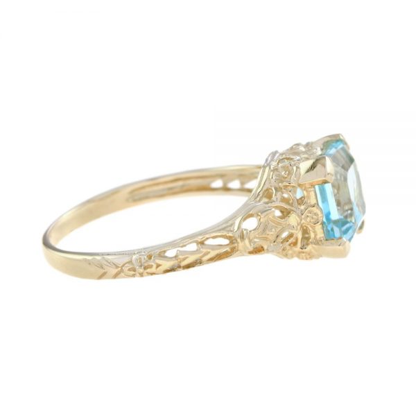 2.7ct Octagonal Cut Blue Topaz and Yellow Gold Filigree Ring