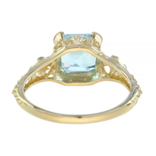 2.7ct Octagonal Cut Blue Topaz and Yellow Gold Filigree Ring