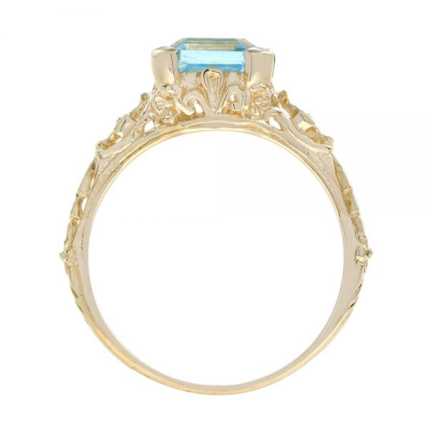 2.7ct Octagonal Cut Blue Topaz and Yellow Gold Filigree Ring