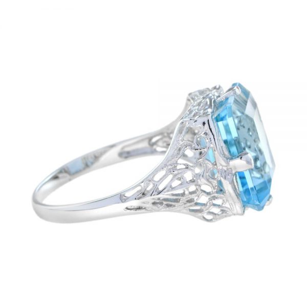 5.70ct Emerald Cut Blue Topaz Filigree Cocktail Ring