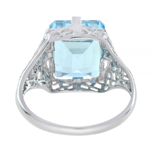 5.70ct Emerald Cut Blue Topaz Filigree Cocktail Ring