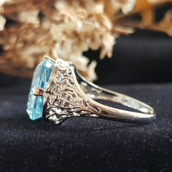 5.70ct Emerald Cut Blue Topaz Filigree Cocktail Ring