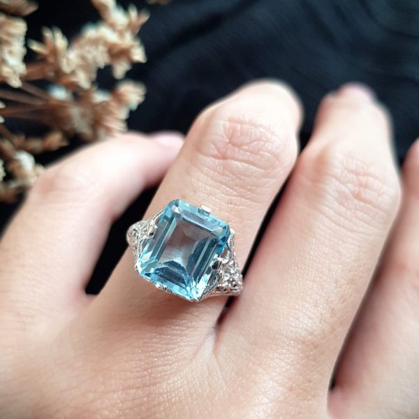 5.70ct Emerald Cut Blue Topaz Filigree Cocktail Ring