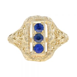 Sapphire Three Stone and Yellow Gold Filigree Ring