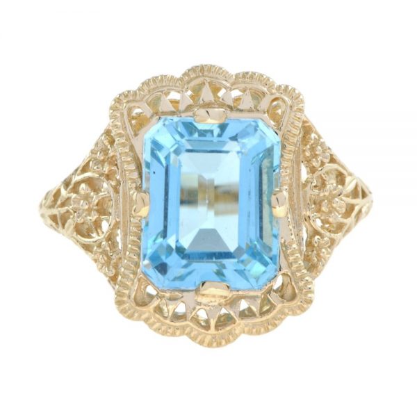 Natural 4.5ct Emerald Cut Blue Topaz Filigree Gold Ring