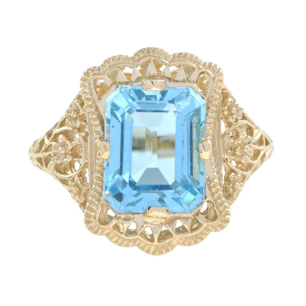 Natural Emerald Cut Blue Topaz Filigree Gold Ring