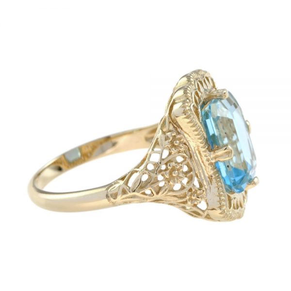 Natural 4.5ct Emerald Cut Blue Topaz Filigree Gold Ring