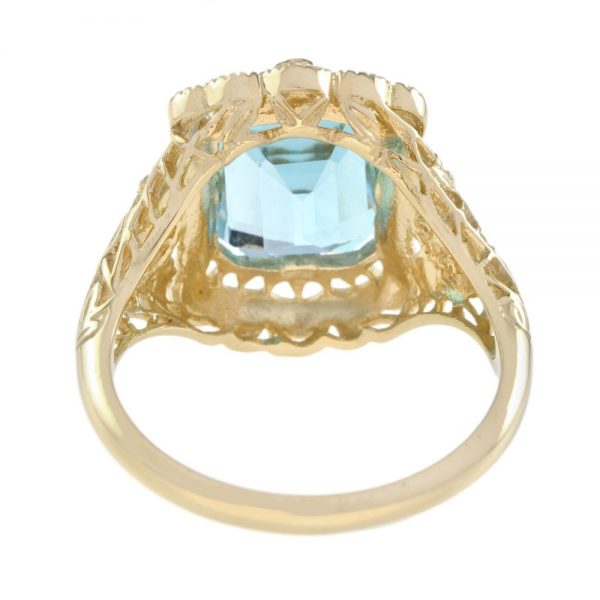 Natural 4.5ct Emerald Cut Blue Topaz Gold Filigree Ring