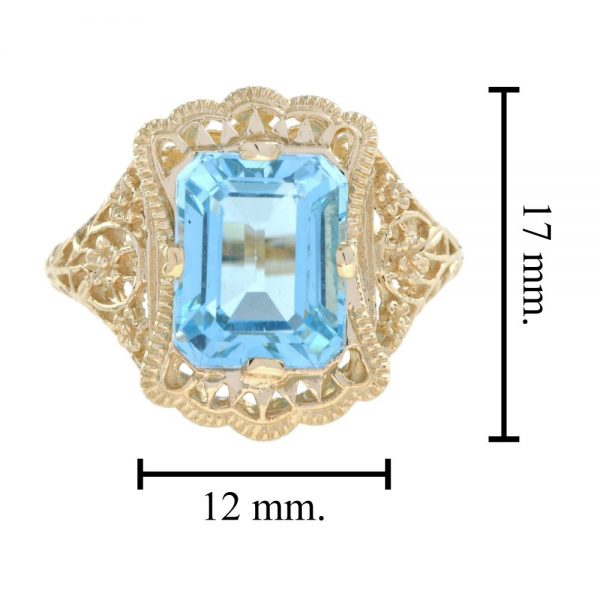 Natural 4.5ct Emerald Cut Blue Topaz Gold Filigree Ring