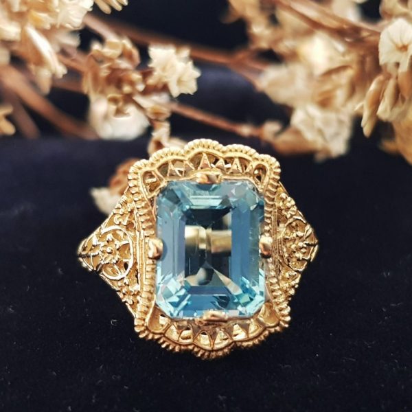 4.5ct Emerald Cut Natural Blue Topaz Gold Filigree Ring