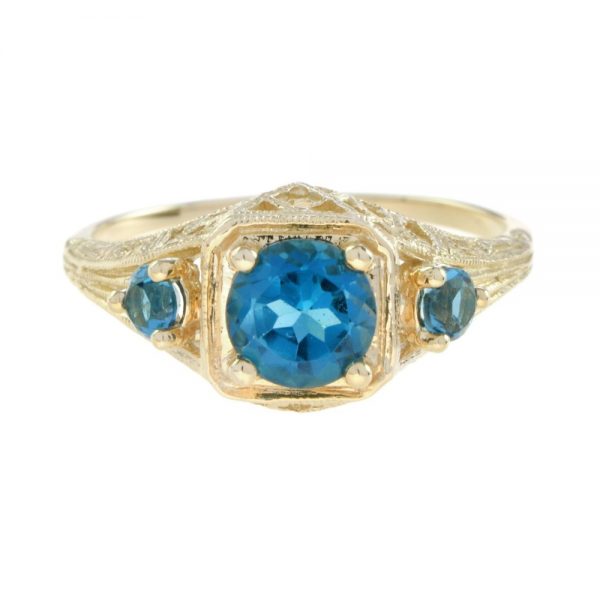 Blue Topaz Three Stone Filigree Yellow Gold Ring