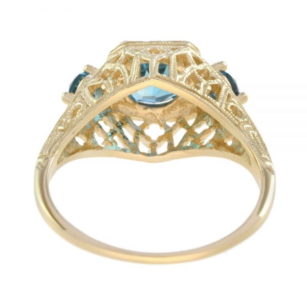 Blue Topaz Three Stone Filigree Yellow Gold Ring