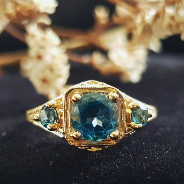 Blue Topaz Three Stone Filigree Yellow Gold Ring