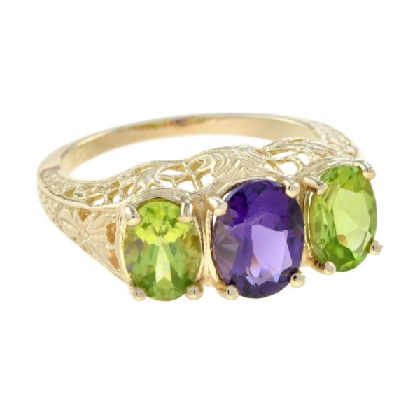 Amethyst and Peridot Three Stone Filigree Ring