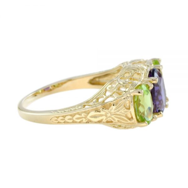 Amethyst and Peridot Three Stone Filigree Ring