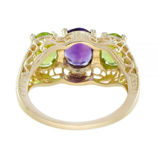 Amethyst and Peridot Three Stone Filigree Ring