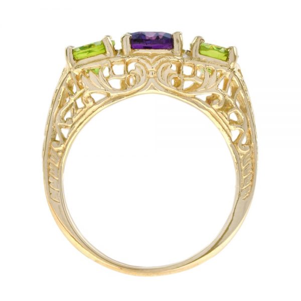 Amethyst and Peridot Three Stone Filigree Ring