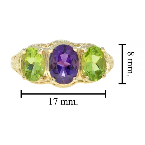 Amethyst and Peridot Three Stone Filigree Ring