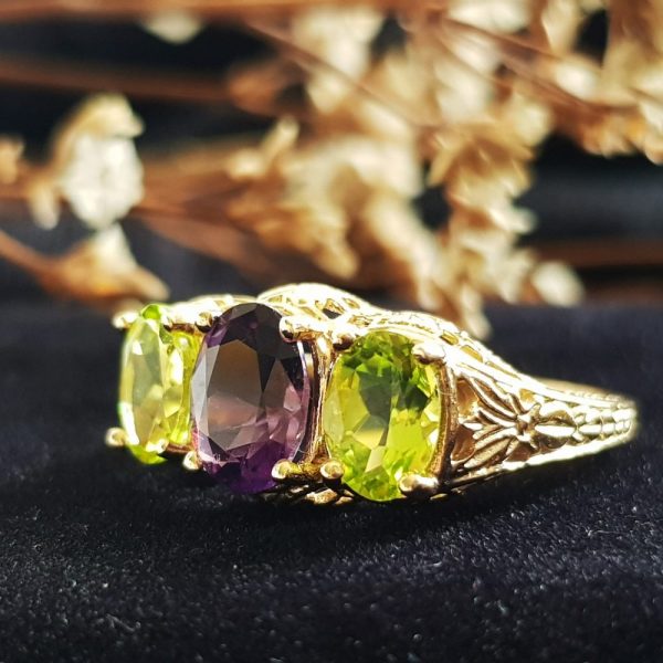 Amethyst and Peridot Three Stone Filigree Ring