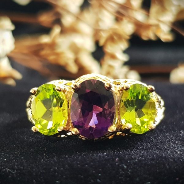 Amethyst and Peridot Three Stone Filigree Ring