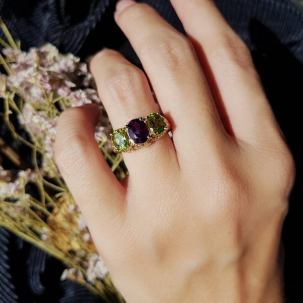 Amethyst and Peridot Three Stone Filigree Ring