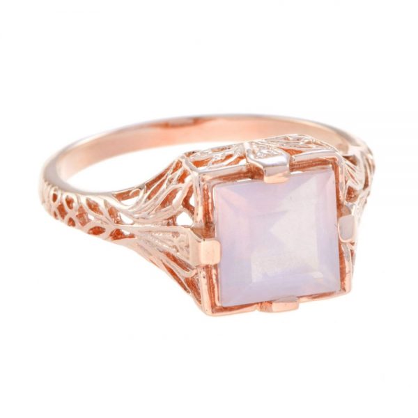 1.90ct Square Shaped Rose Quartz and Rose Gold Filigree Ring