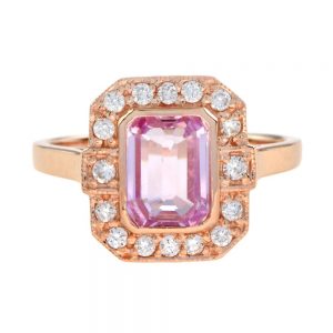 2ct Emerald Cut Pink Sapphire and Diamond Cluster Ring in 18ct Rose Gold