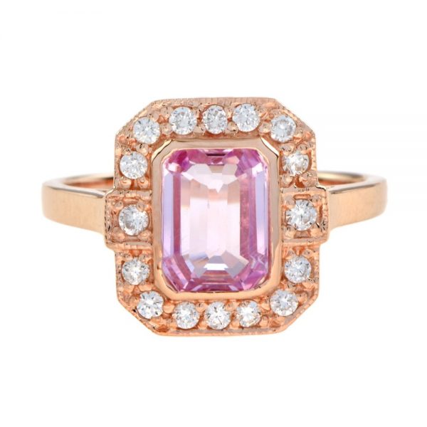 2ct Emerald Cut Pink Sapphire and Diamond Cluster Ring in 18ct Rose Gold