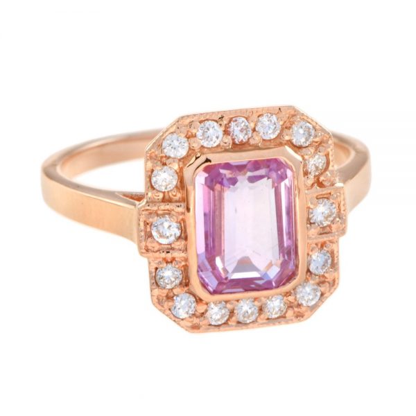 2ct Emerald Cut Pink Sapphire and Diamond Cluster Ring in 18ct Rose Gold