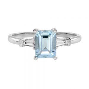 1.50ct Emerald Cut Aquamarine Ring with Tapered Baguette Diamond Shoulders