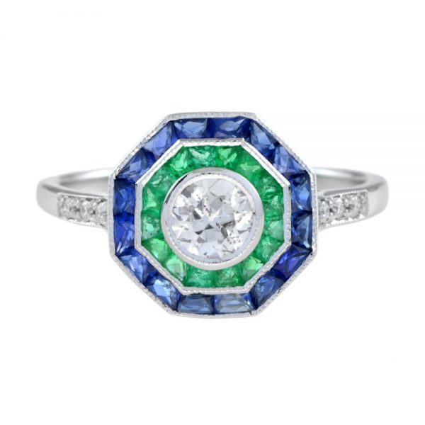 Diamond, Emerald and Sapphire Octagonal Cluster Target Ring