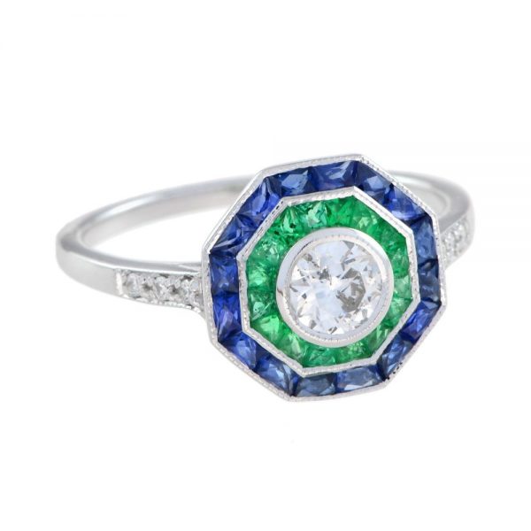 Diamond, Emerald and Sapphire Octagonal Cluster Target Ring