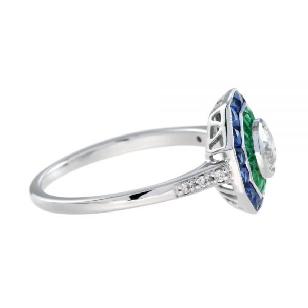 Diamond, Emerald and Sapphire Octagonal Cluster Target Ring