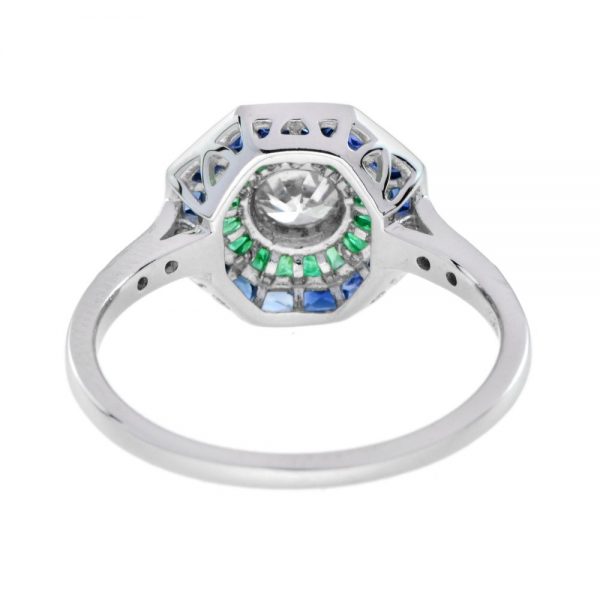 Diamond, Emerald and Sapphire Octagonal Cluster Target Ring