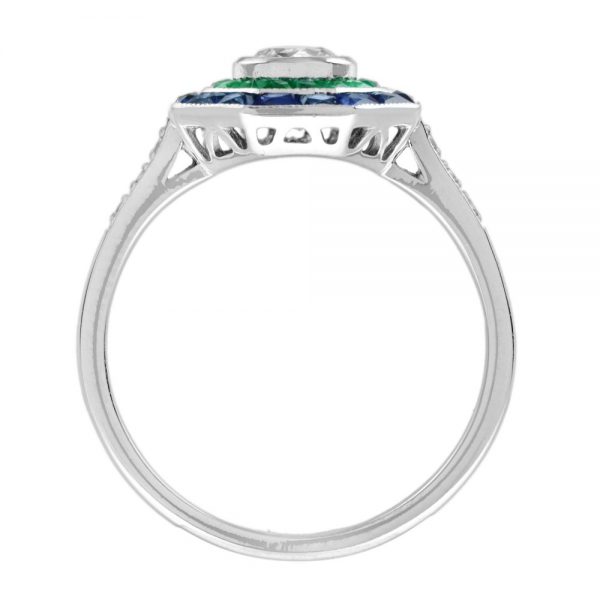 Diamond, Emerald and Sapphire Octagonal Cluster Target Ring