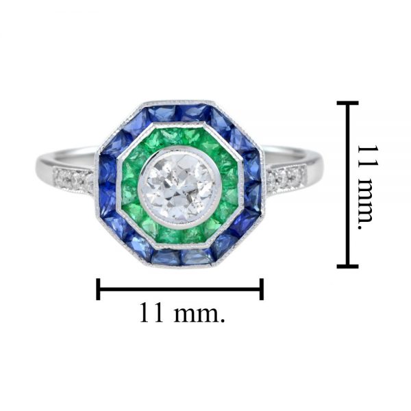 Diamond, Emerald and Sapphire Octagonal Cluster Target Ring