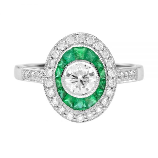 0.40ct Diamond and Emerald Oval Cluster Target Ring