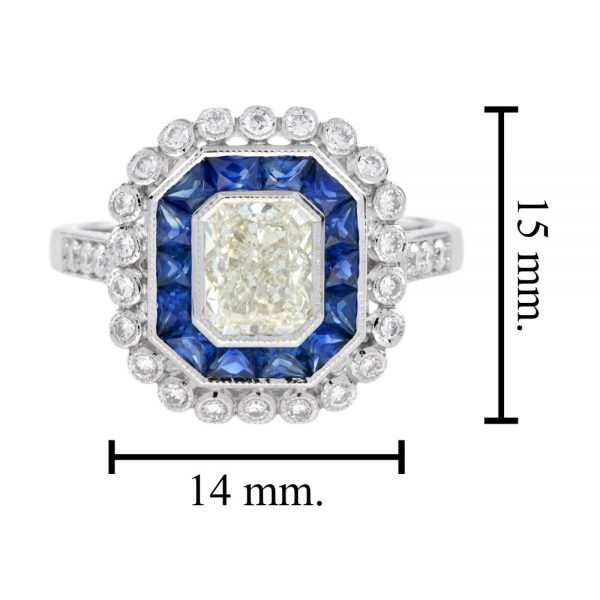 Contemporary 1.04ct Emerald Cut Diamond and Sapphire Floral Cluster Ring