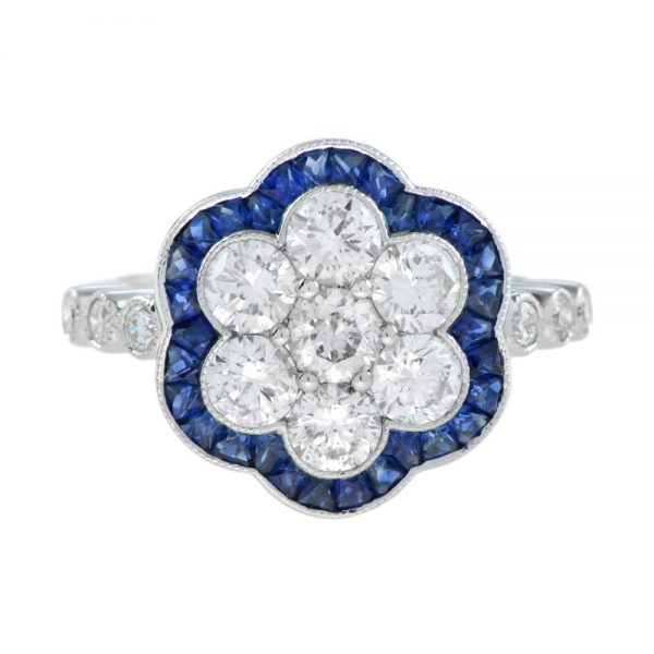 Contemporary Sapphire and Diamond Flower Cluster Ring in 18ct White Gold