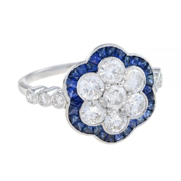 Contemporary Sapphire and Diamond Flower Cluster Ring in 18ct White Gold