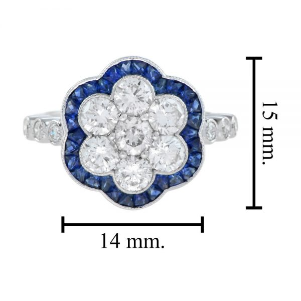 Contemporary Sapphire and Diamond Flower Cluster Ring in 18ct White Gold