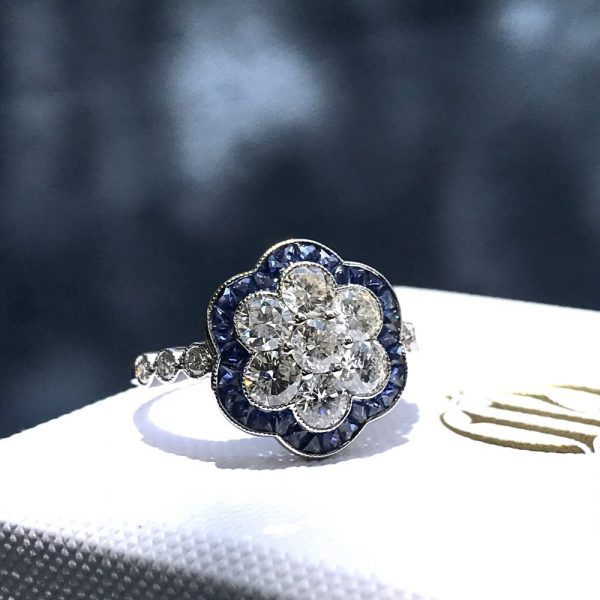 Contemporary Sapphire and Diamond Flower Cluster Ring in 18ct White Gold