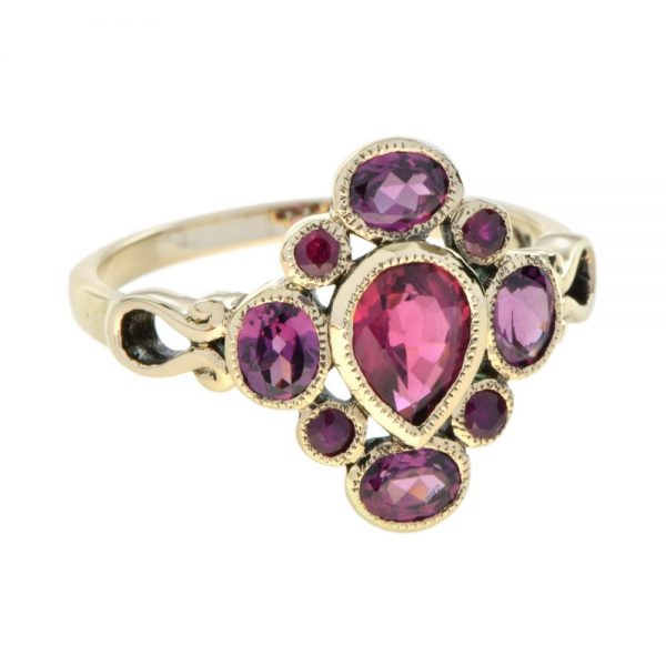 Pink Tourmaline with Ruby and Rhodolite Cluster Ring